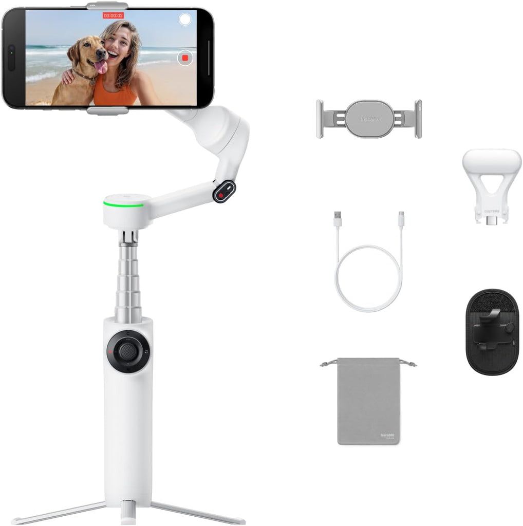 Insta360 Flow 2 Pro Vlog Bundle White - Foldable AI Phone Gimbal, Track in 200+ Apps with Apple DockKit, 360º Pan Tracking, Built-in Tripod/Selfie Stick, Remote Control, Spotlight/Backpack Mount