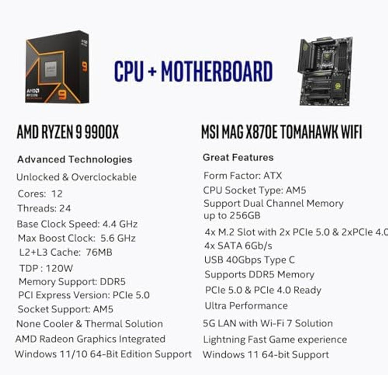Micro Center AMD Ryzen 9 9900X CPU Processor with MSI MAG X870E Tomahawk WiFi ATX Motherboard (DDR5, PCIe 5.0 x16, M.2 Gen5, Wi-Fi 7, 5G LAN)