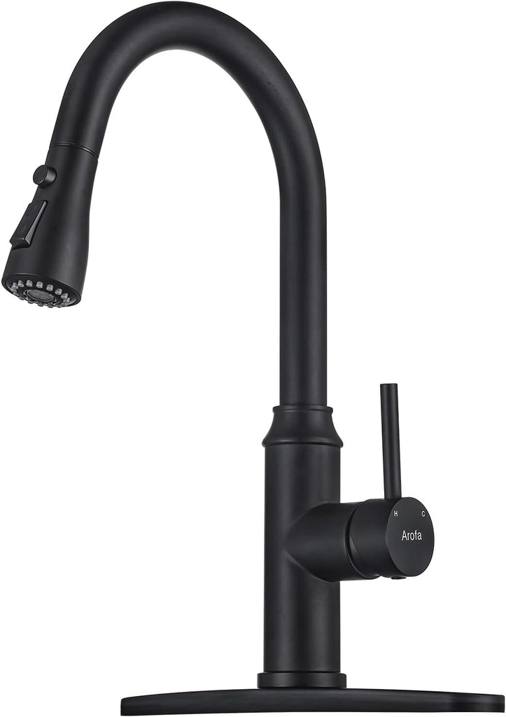 Arofa Matte Black Kitchen Faucet with Pull Down Sprayer and Deck Plate