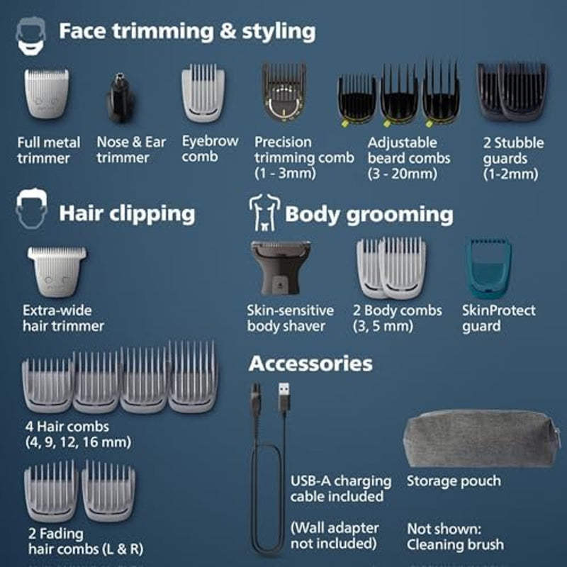 Philips Multigroom Series 9000 Recortadora 24 en 1 para Barba, Cabello y Cuerpo Kit de Aseo | Peine de Recorte de Precisión, Cuchillas de Acero Autoafilables, Tecnología BeardSense, Impermeable, El