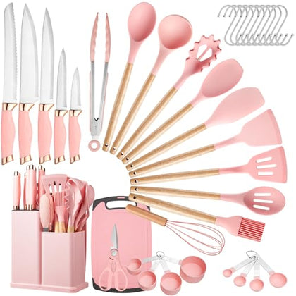 37 PCS Kitchen Utensils Set, Silicone Cooking Utensils Set with Kitchen Knife Set and Holder, Wooden Handle Kitchen Tool Set - Kitchenware Set (Pink)