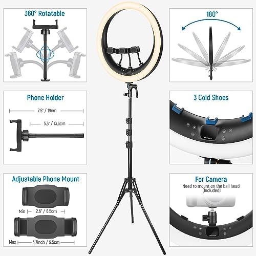 NEEWER 19 inch Ring Light with Stand, 3 Phone Holders and Mini Ball Head, Upgraded 2.4G & Touch Control, Smooth Dimming at 1%, 3200K-5600K for Selfie TikTok Live Streaming Video Recording Zoom, RP19H