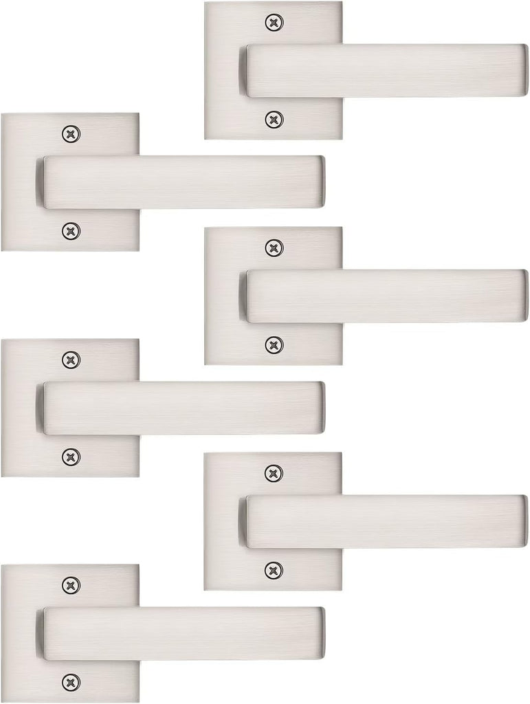 Tinewa 6 Pack Dummy Door Handles Brushed Nickel for Left Hand and Right Hand, Mordern Square Closet Hallway Door Knobs,
