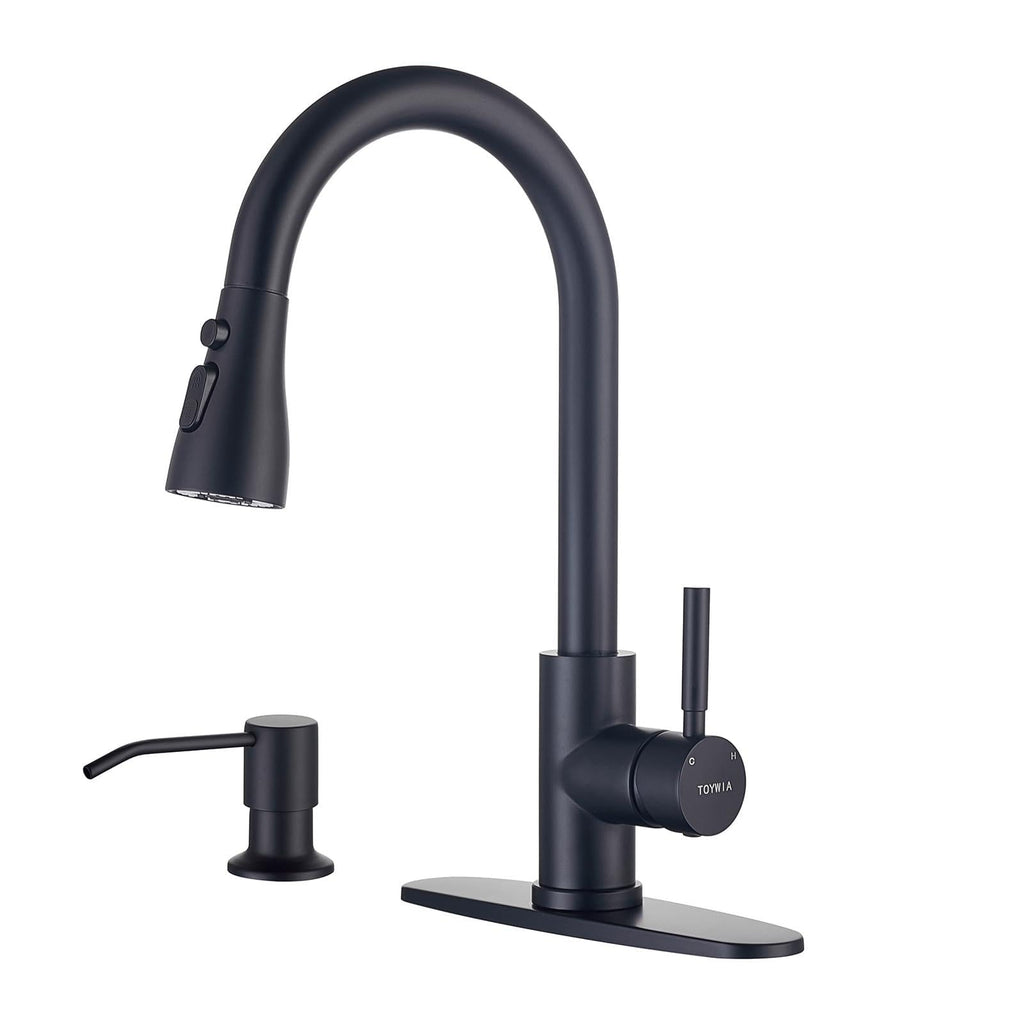TOYWIA Kitchen Faucets with Pull Down Sprayer and Soap Dispenser, 3 Function Sprayer, Matte Black Stainless Steel Single Handle High Arc Sink Faucet for RV, Bar, Farmhouse, Laundry, Outdoor