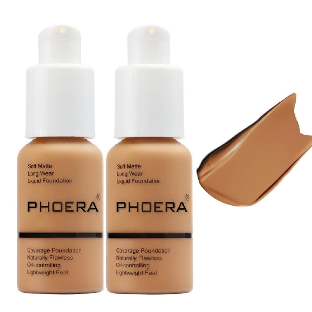 2 Pack PHOERA Foundation, Long-Lasting Waterproof Oil Control Concealer Flawless Soft Matte Liquid Foundation.106 - Warm