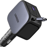 UGREEN 145W 4-Port Retractable Car Charger, 3C1A USB C Fast Charger with 60W Retractable Cable, Cigarette Lighter Adapter Compatible with MacBook Pro, iPhone 17/16, Galaxy S25/S24 Ultra, iPad, Laptop