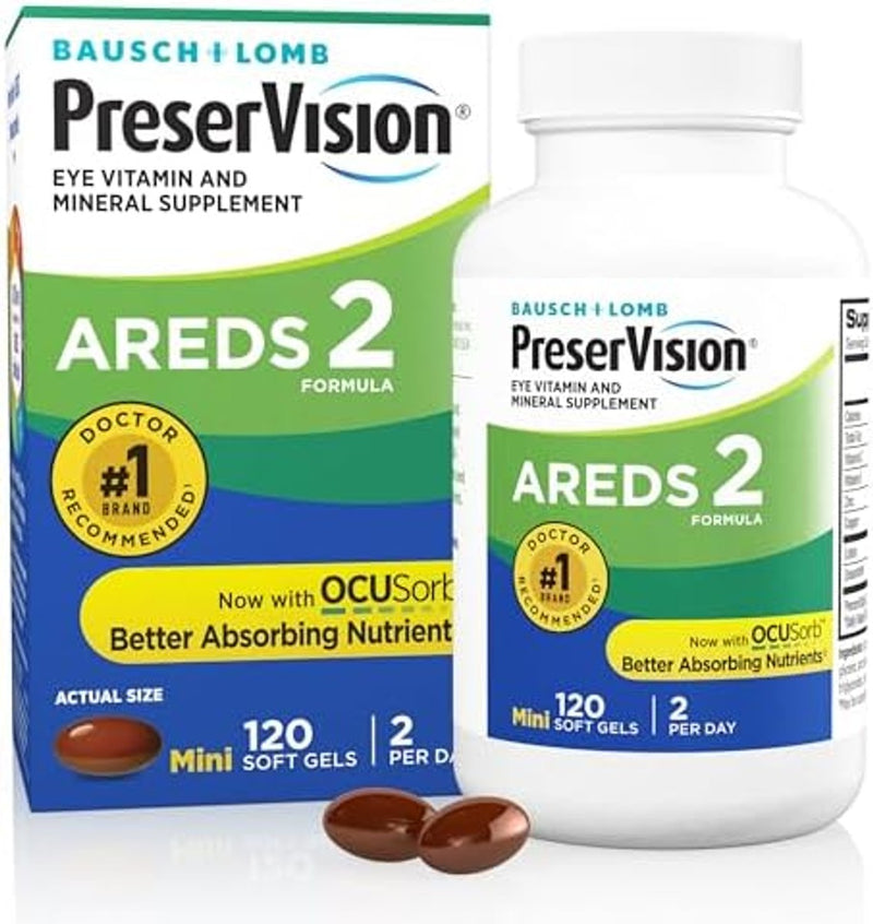 PreserVision AREDS 2 - Suplemento vitamínico y mineral para los ojos, contiene luteína, vitamina C, zeaxantina, zinc y vitamina E, 120 cápsulas blandas (el envase puede variar)