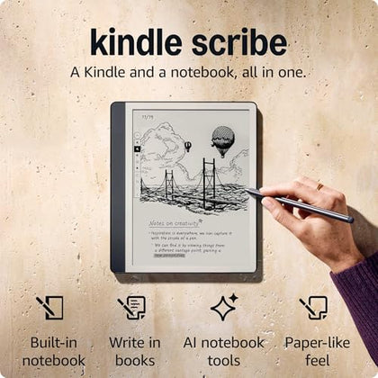 New Amazon Kindle Scribe (64GB) - Redesigned display with uniform borders. Now write directly on books and documents. With built-in notebook summarization. Includes Premium Pen - Tungsten + 3 months free Kindle Unlimited (with auto-renewal)