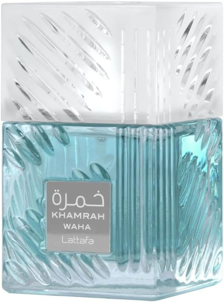 Lattafa Khamrah Waha EDP Unisex 100 ml ✅ Perfume unisex fresco y dulce. Combina cítricos (bergamota y yuzu), jengibre, notas marinas y pepino, con una base cálida de vainilla, haba tonka y almizcle.