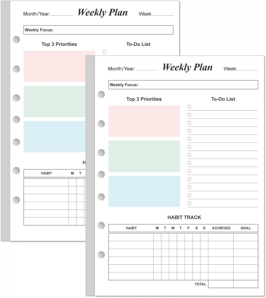 (2-PACK) Weekly Planner Refills for 3 or 7 Ring Mini Binders - 106 Sheets/212 Pages Undated Colorful Weekly Planner, 100
