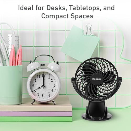 Holmes Ventilador Personal Portátil de 4" con Clip – 3 Velocidades, Rotación 360°, Batería Recargable, Carga USB-C, Diseño Compacto y Portátil, Negro – Ideal para Escritorios y Espacios Personales