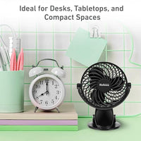 Holmes Ventilador Personal Portátil de 4" con Clip – 3 Velocidades, Rotación 360°, Batería Recargable, Carga USB-C, Diseño Compacto y Portátil, Negro – Ideal para Escritorios y Espacios Personales