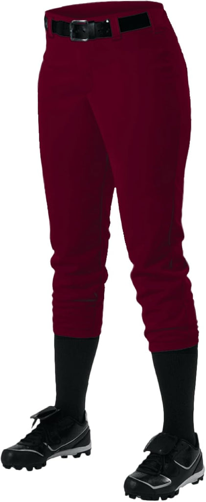 Alleson Athletic Fastpitch Softball Pants for Women. Low Rise Double Knit Maroon Softball Pants with Belt Loop (Style 60
