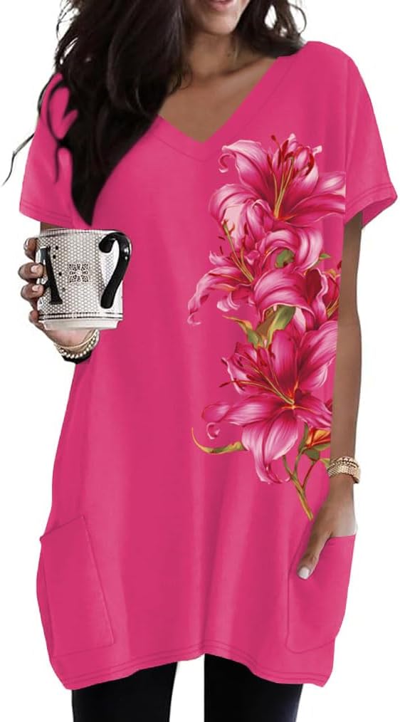 Poetsky Plus Size Womens Clothing V-Neck Work Blouses for Women with Pockets Hot Pink Print 3XL