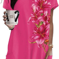 Poetsky Plus Size Womens Clothing V-Neck Work Blouses for Women with Pockets Hot Pink Print 3XL