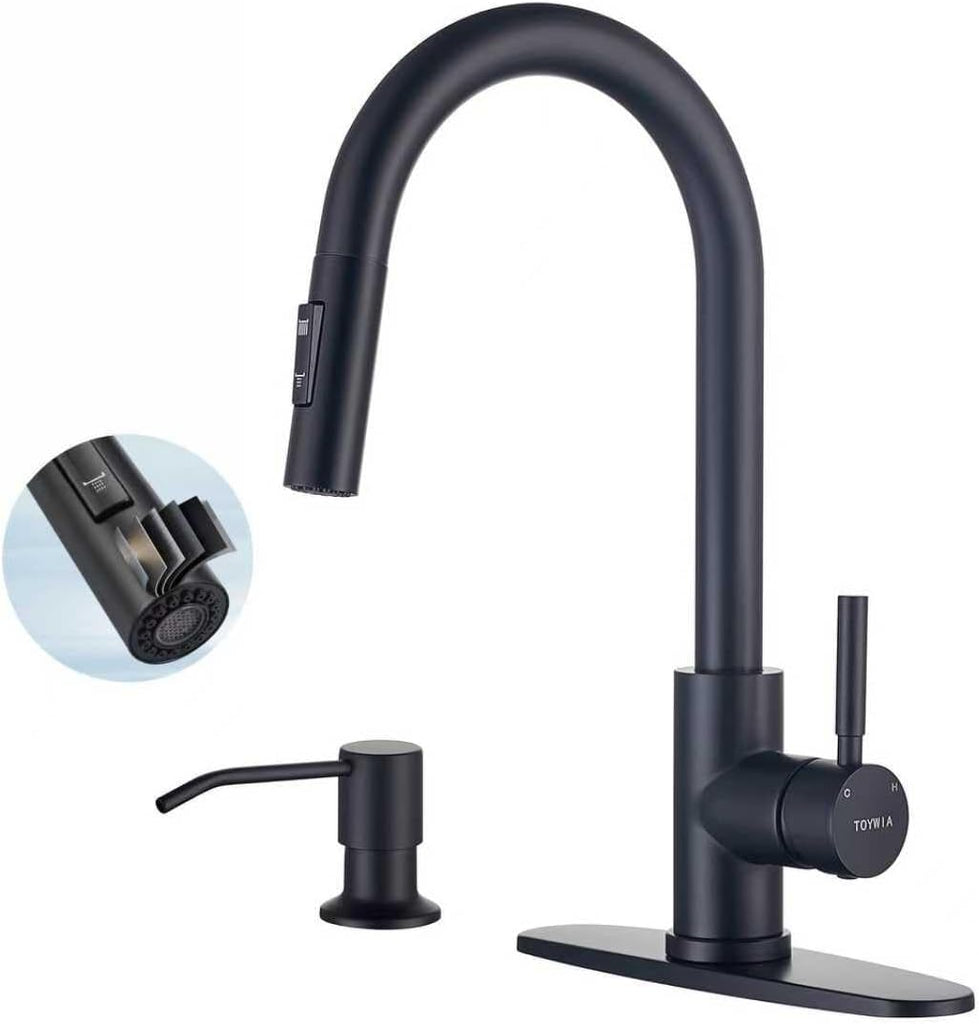 TOYWIA Kitchen Faucets with Soap Dispenser, Matte Black Single Handle High Arc Stainless Steel Sink Faucet with Pull Dow