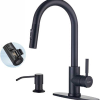 TOYWIA Kitchen Faucets with Soap Dispenser, Matte Black Single Handle High Arc Stainless Steel Sink Faucet with Pull Dow
