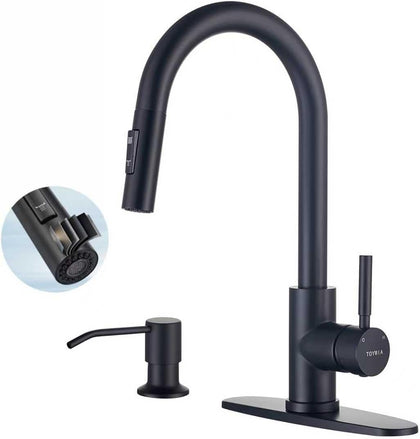 TOYWIA Kitchen Faucets with Soap Dispenser, Matte Black Single Handle High Arc Stainless Steel Sink Faucet with Pull Down Sprayer, 1 or 3 Hole Deck Plate Mount for Bar, RV, Laundry, Outdoor