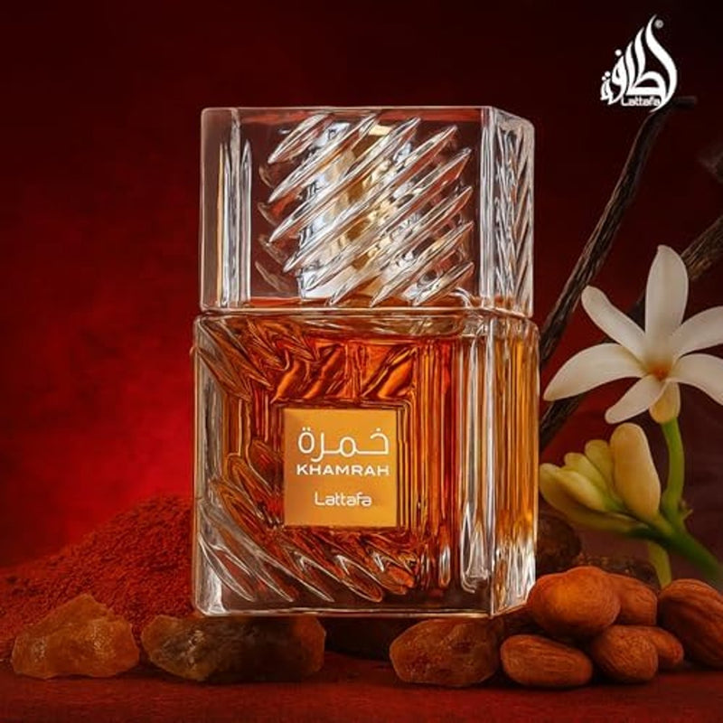 Lattafa Khamrah - Vainilla, picante cálido, ámbar, canela - Perfume Eau de Parfum de larga duración para unisex, 3.40 onzas / 100 ml
