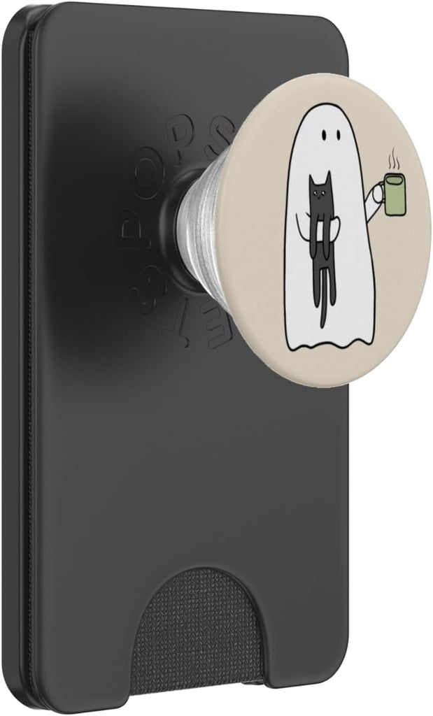 Spooky Ghost Holding Cat Coffee Lover Bookish Reading PopSockets PopWallet for MagSafe