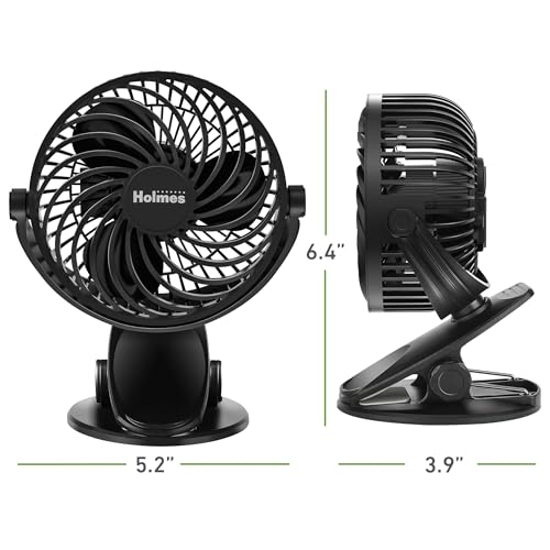 Holmes Ventilador Personal Portátil de 4" con Clip – 3 Velocidades, Rotación 360°, Batería Recargable, Carga USB-C, Diseño Compacto y Portátil, Negro – Ideal para Escritorios y Espacios Personales