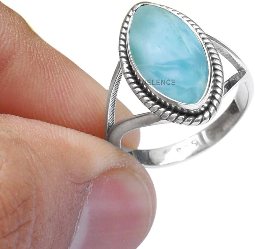 Fine Sterling Silver Ring For Womens Natural Larimar Ring Sterling Silver Wedding Ring Blue Gemstone Split Shank Ring