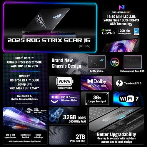 ASUS ROG Strix Scar 18 (2025) Gaming Laptop, 18” ROG Nebula HDR 16:10 2.5K 240Hz/3ms, NVIDIA GeForce RTX 5070 Ti, Intel Core Ultra 9 275HX, 32GB DDR5, 1TB PCIe SSD, Wi-Fi 7, Win 11 Pro, G835LR-XS96