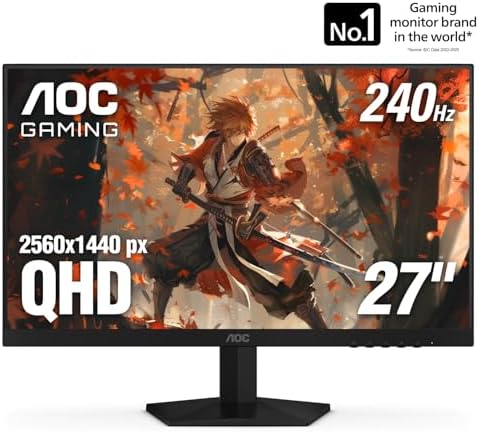 AOC 27 Inch QHD Gaming Monitor 240Hz 0.3ms, Overclock 260Hz, IPS, 2560x1440, G-Sync Compatible, HDR Ready, DisplayPort 1.4 HDMI 2.0, VESA Mount, 3-Year Zero-Bright-Dot, Q27G41ZE