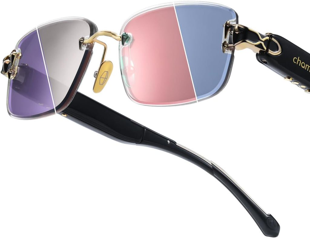 CHAMELO Aura Color-Changing Sunglasses – 4 Lens Colors, Tap Control, Smart Tint Glasses, UV Protection, Lightweight Rimless Frame, Calm Lens Styles, Black Frame