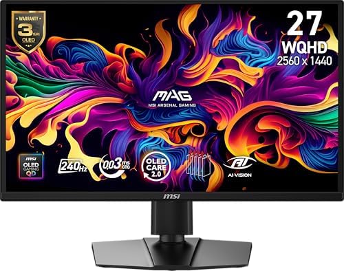 msi MAG 272QP QD-OLED X24 27-Inch WQHD Gaming Monitor, 2560 x 1440 Quantum Dot OLED Panel, 240Hz, 0.03ms, Adaptive-Sync, HDMI2.1, DP 1.4a, Tilt/Height Adjustable, Black