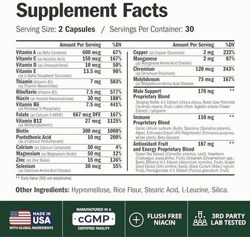 Visita la tienda de Vimerson Health Suplemento multivitamínico multimineral diario para hombres - Vitaminas A, C, E, D, B1, B2, B3, B5, B6, B12. Magnesio, biotina, espirulina, zinc. Antioxidante completo, energía e inmunológica. 60 cápsulas