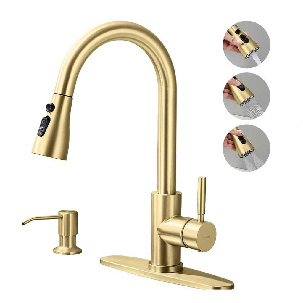 TOYWIA Gold Kitchen Faucets with Pull Down Sprayer and Soap Dispenser, 3 Function Sprayer, Stainless Steel Single Handle