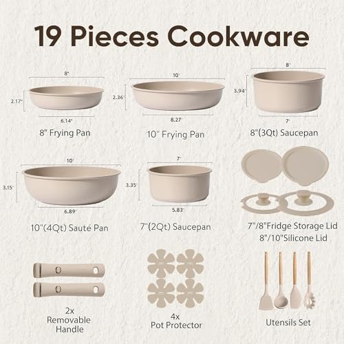 CAROTE 19pcs Pots and Pans Set Non Stick, Nonstick Cookware Set Detachable Handle, Induction Kitchen Cooking Sets with Removable Handle, RV Kitchen, Oven Safe, Taupe