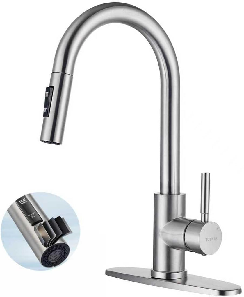 TOYWIA Kitchen Faucets with Pull Down Sprayer, Brushed Nickel Single Handle High Arc Stainless Steel Sink Faucet with De