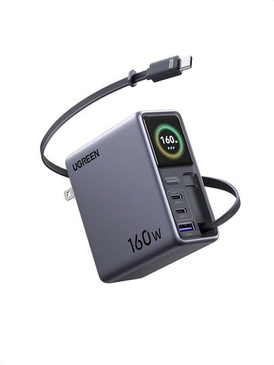 UGREEN Nexode Pro 160W Charger with Retractable Cable, Smart Display & APP Control, 4-Port GaN Fast USB C Wall Block, Type-C Charging Compatible for MacBook Pro/Air, iPhone 17/16 Series, iPad, Galaxy