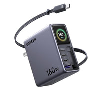 UGREEN Nexode Pro 160W Charger with Retractable Cable, Smart Display & APP Control, 4-Port GaN Fast USB C Wall Block, Type-C Charging Compatible for MacBook Pro/Air, iPhone 17/16 Series, iPad, Galaxy
