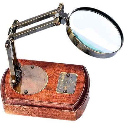 Antique Brass Victorian Magnifying Glass Desktop Decorative Reading Movable Magnifier on Wooden Base Engraving Gilbert London 1812