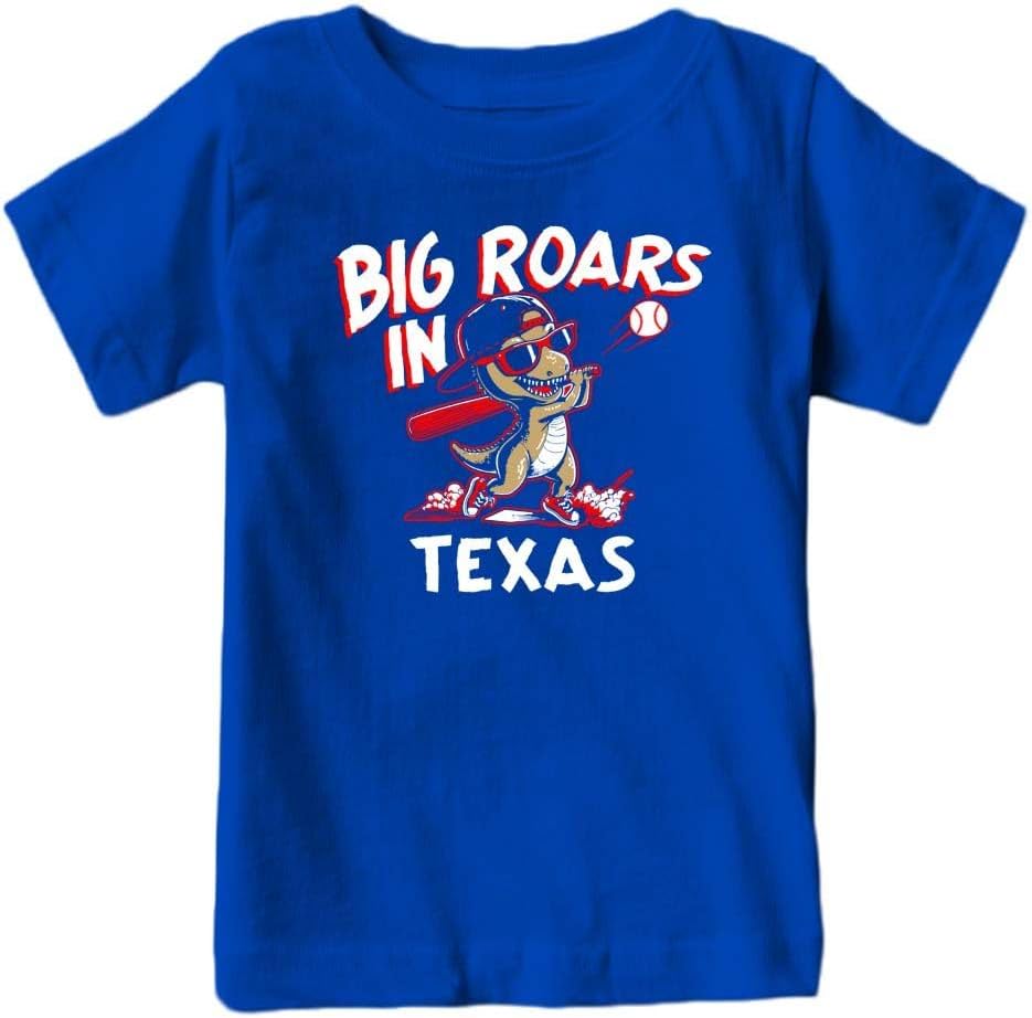 Big Roars in Texas Kid's Dinosaur T-Shirt for Baseball Fans (Royal, 4T)