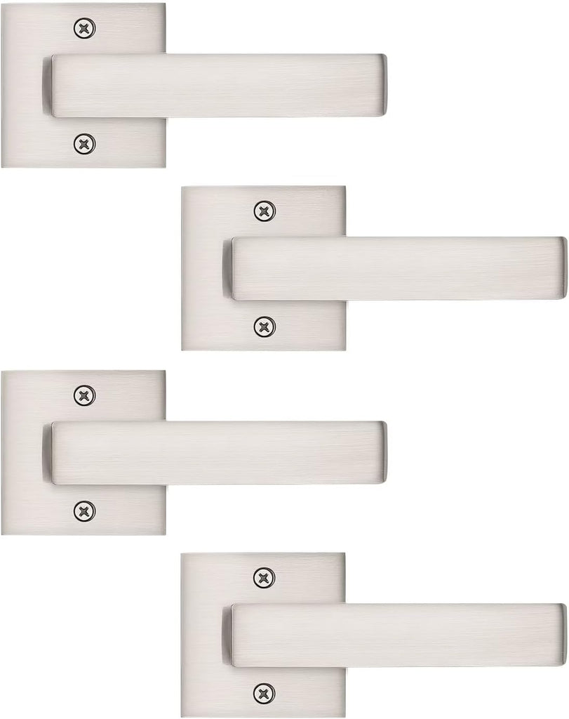 Tinewa 4 Pack Dummy Door Handles Brushed Nickel for Left Hand and Right Hand, Mordern Square Closet Hallway Door Knobs,