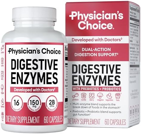 Physician's CHOICE Digestive Enzymes for Bloating & Digestion - Fast-Acting 16 Enzyme Formula with Organic Prebiotics & Probiotics for Gut & Digestive Health - Meal Time Discomfort Relief - 180 CT
