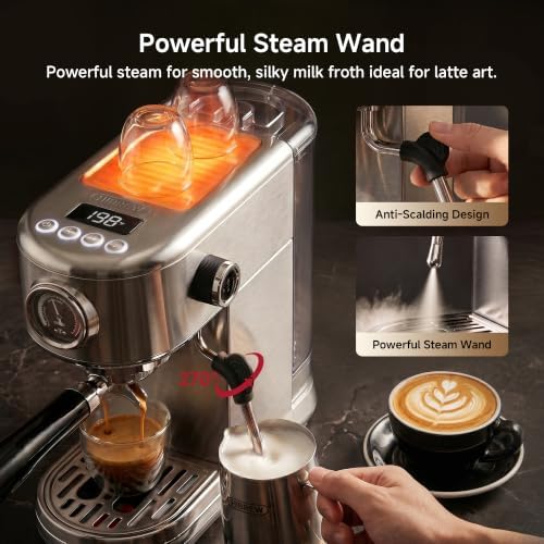 HIBREW H10B Programmable Espresso Machine with LED Display & Pressure Gauge | 20 Bar Compact Stainless Steel Coffee Maker with Milk Frother, 51mm Portafilter for Cappuccino Latte