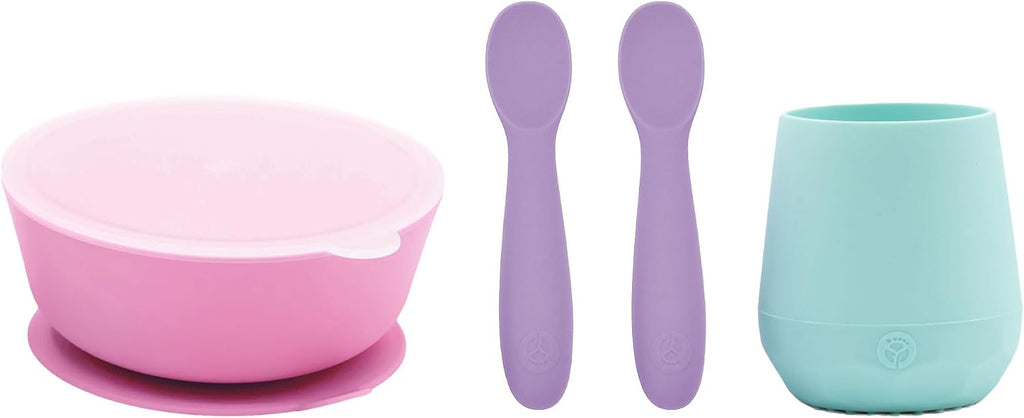 WeeSprout First Feeding Set - Silicone Baby Training Cup 2 Oz, Suction Bowl 10 Oz with Lid & 2 Baby Led Weaning Spoons -