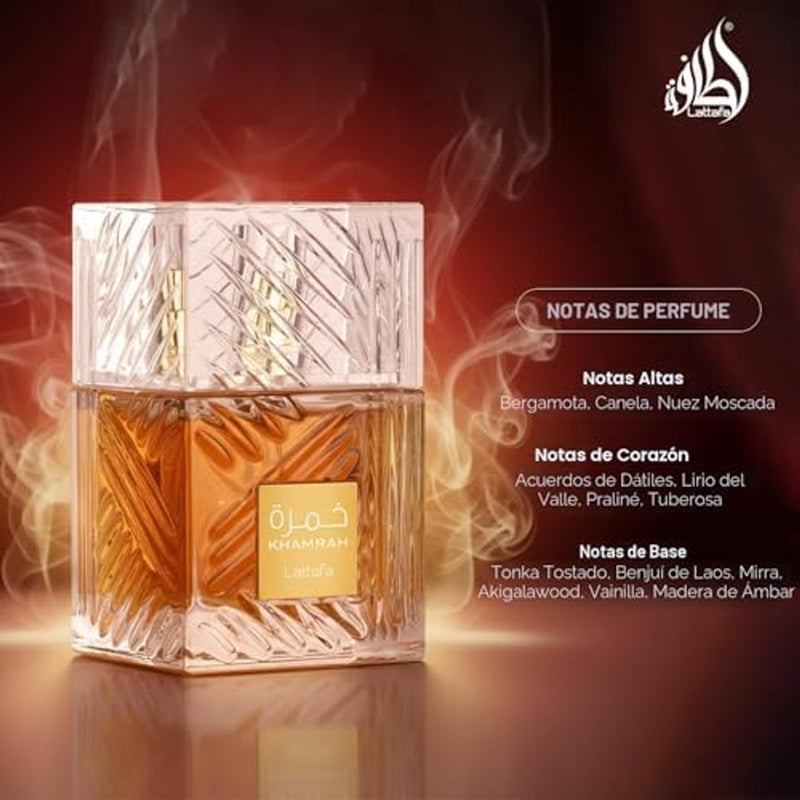 Lattafa Khamrah - Vainilla, picante cálido, ámbar, canela - Perfume Eau de Parfum de larga duración para unisex, 3.40 onzas / 100 ml