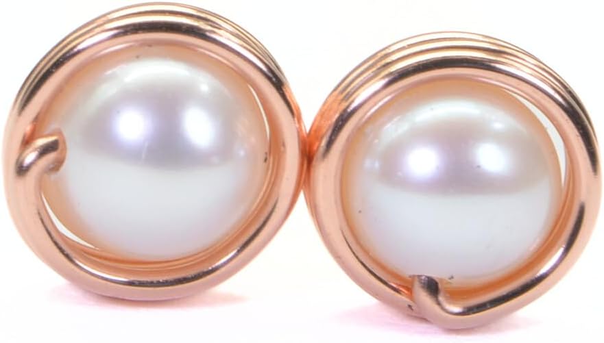 Copper Wire Wrapped Stud Earrings Natural Moonstone Round 6mm Earrings Gift For Girlfriend (pearl)