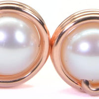 Copper Wire Wrapped Stud Earrings Natural Moonstone Round 6mm Earrings Gift For Girlfriend (pearl)