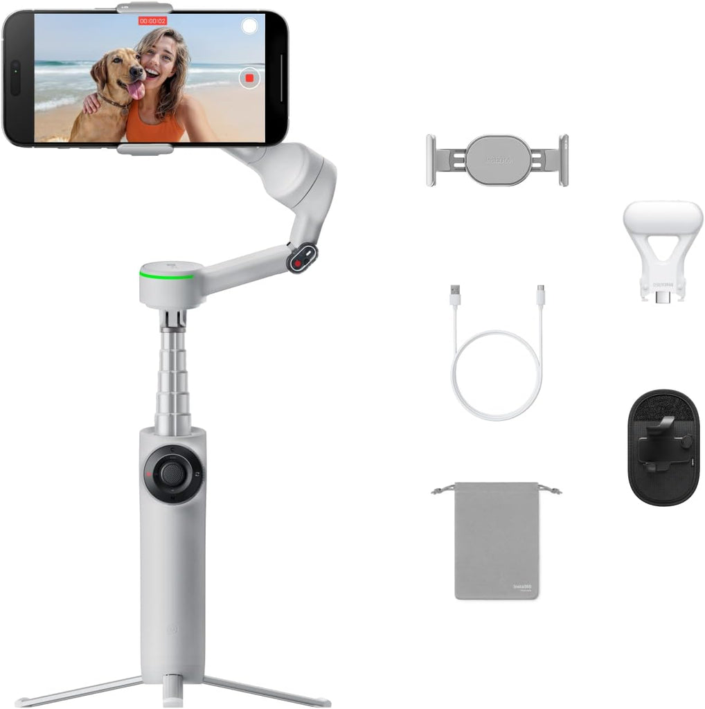 Insta360 Flow 2 Pro Vlog Bundle Grey - Foldable AI Phone Gimbal, Track in 200+ Apps with Apple DockKit, 360º Pan Tracking, Built-in Tripod/Selfie Stick, Remote Control, Spotlight/Backpack Mount