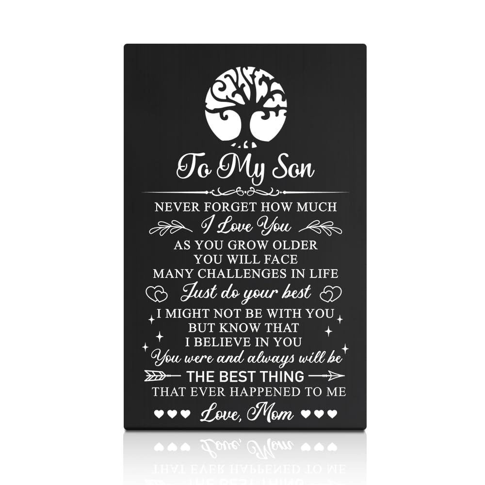GEYGIE To My Son Never Forget How Much I Love You Black Wallet Card, Engraved Metal Wallet Insert Card Love Notes from Mom, Graduation Birthday Coming of Age Wedding Freshman Gifts for Son with Love