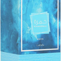 Lattafa Khamrah Waha EDP Unisex 100 ml ✅ Perfume unisex fresco y dulce. Combina cítricos (bergamota y yuzu), jengibre, notas marinas y pepino, con una base cálida de vainilla, haba tonka y almizcle.