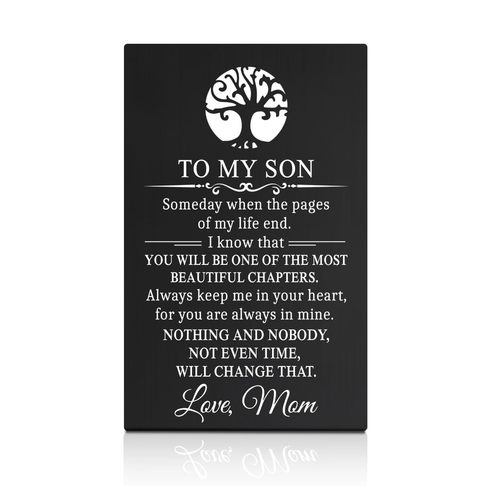 GEYGIE To My Son Black Wallet Card, Engraved Metal Wallet Insert Card Love Notes from Mom, Heartfelt Graduation Birthday