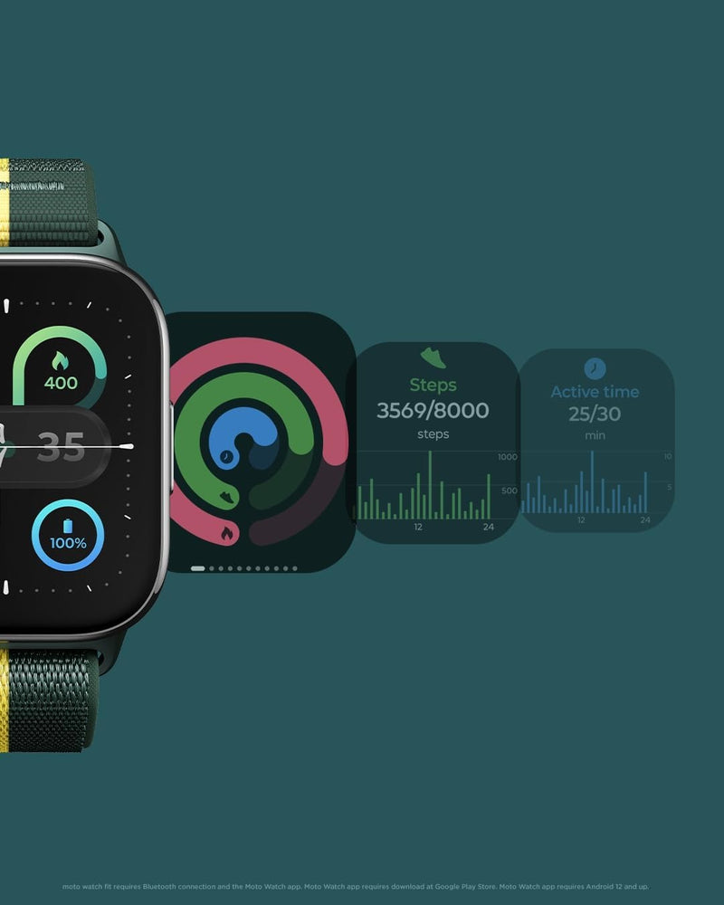 Motorola Moto Watch Fit, Fitness Tracker, GPS, Sleep Monitor, Black Dial & Green Band